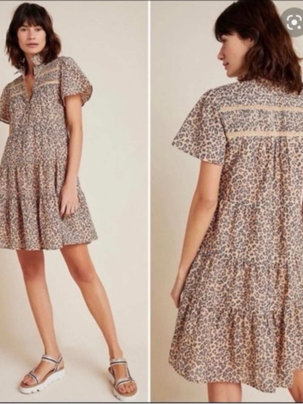 Anthropologie Georgina Beige Leopard-Print Tiered Mini Dress 1X